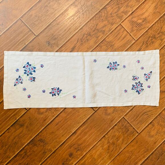 Linen Embroidery Table Runner White Blue Floral 38" x 14" Hand Stitching Decor - Picture 4 of 6